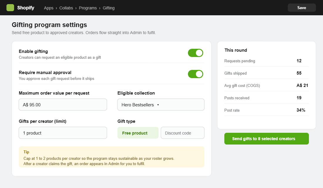 Shopify Collabs gifting program settings screen with approval and gift limit controls