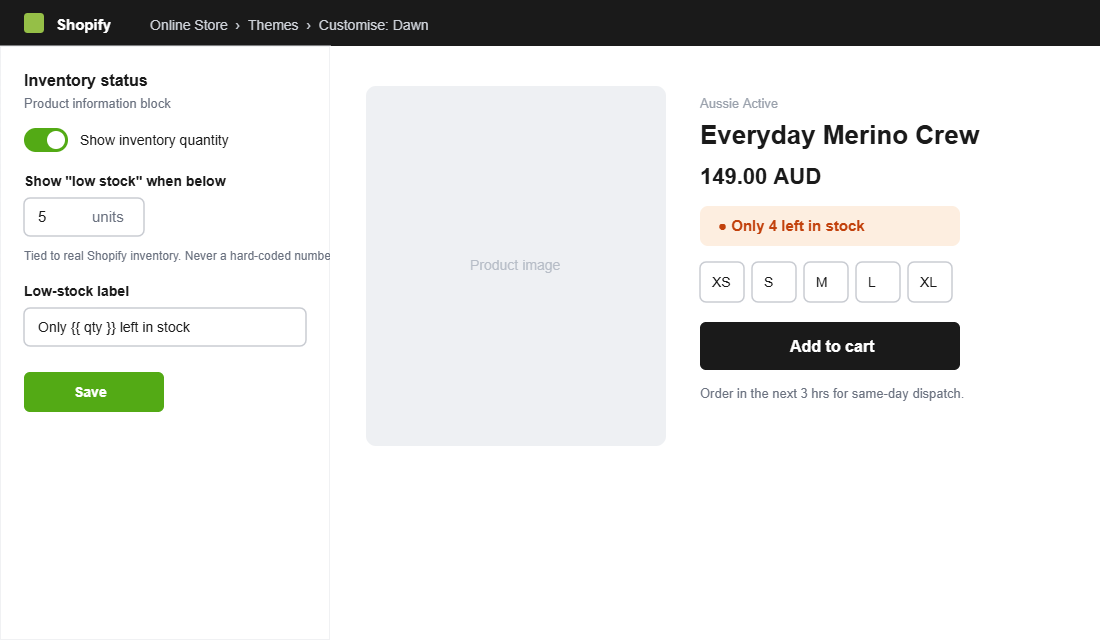 Shopify Dawn theme low-stock threshold setting beside a product page showing Only 4 left in stock