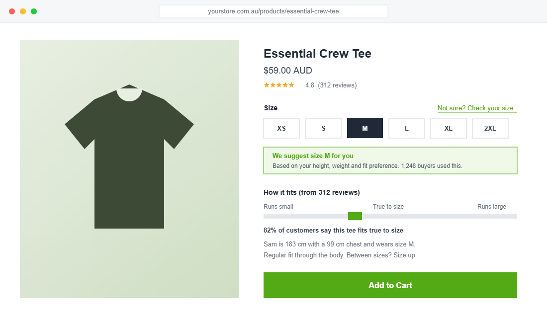 Shopify product page with size guide link, size recommendation banner and true to size review data
