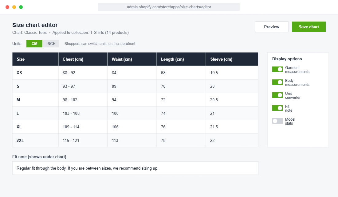 Size chart editor showing garment measurements in centimetres applied to a t-shirt collection
