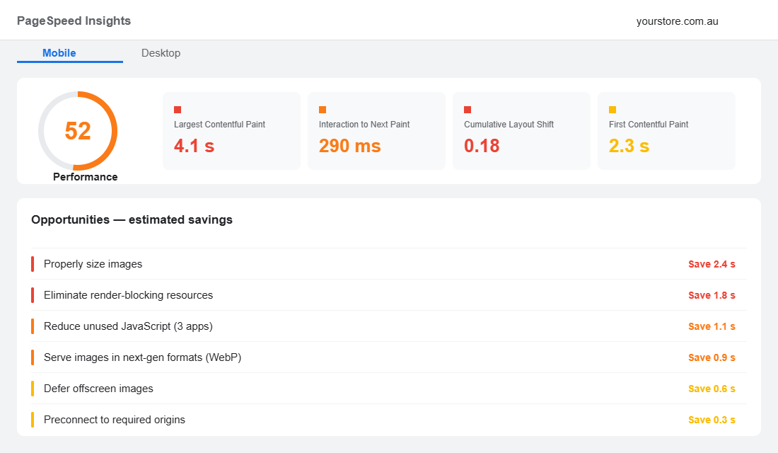 Shopify PageSpeed Insights mobile report showing failing Core Web Vitals and ranked opportunities