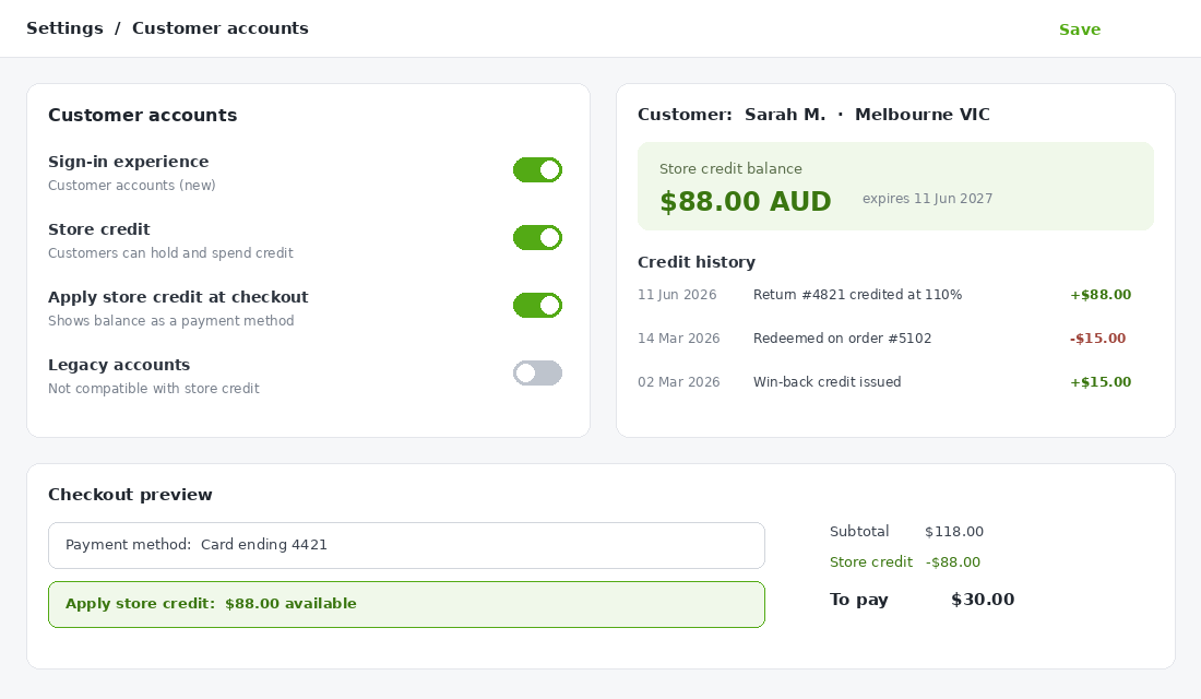 Shopify customer accounts settings with store credit enabled and a customer credit balance applied at checkout