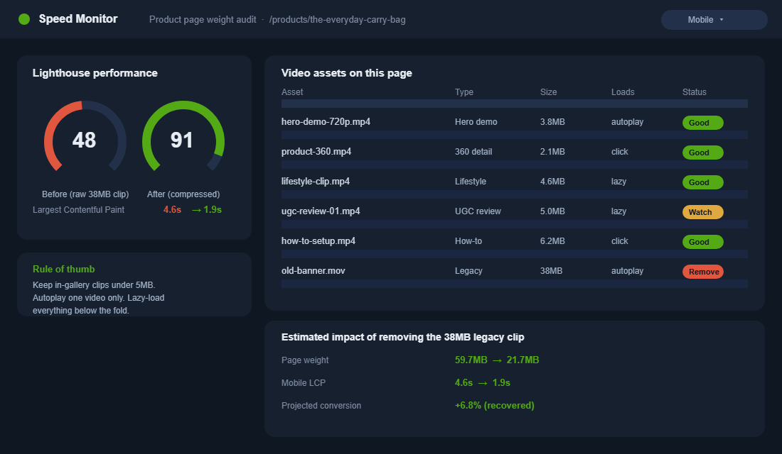 Page speed audit showing compressed product videos restoring fast Shopify load times