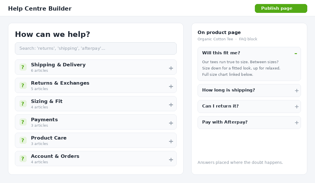 Shopify help centre builder with categorised FAQ page and on-page product FAQ block