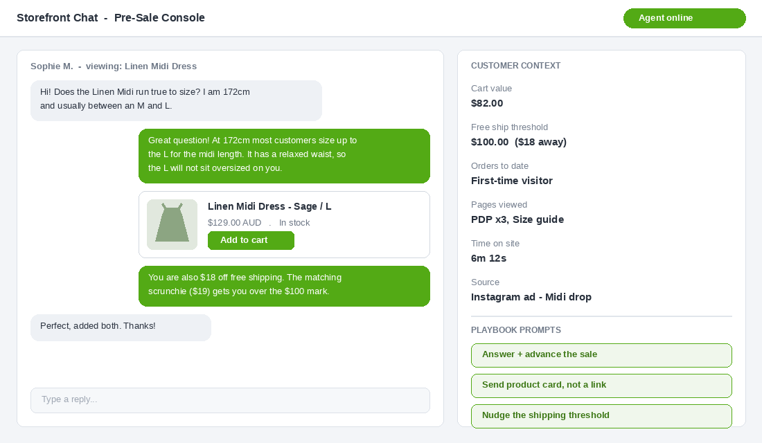 Pre-sale chat console showing a sizing conversation with an in-chat product card, cart context panel and playbook prompts