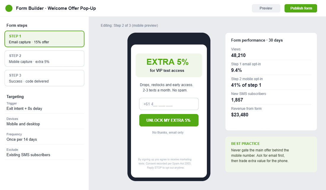 Two-step pop-up form builder capturing email first then mobile number with opt-in performance stats