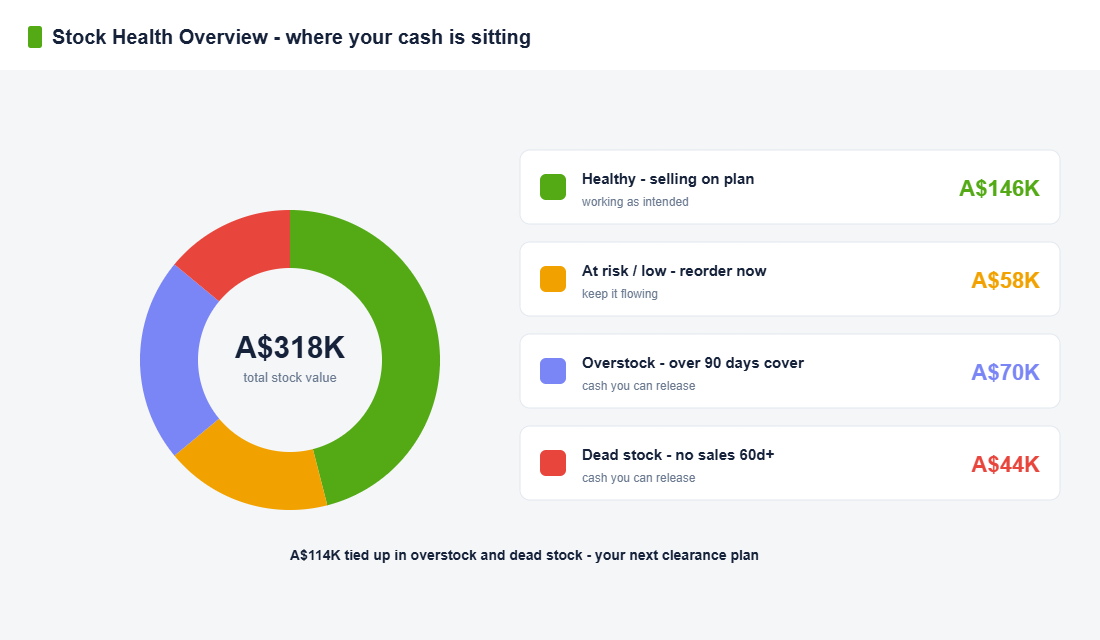 A stock health view shows exactly where cash is sitting, splitting inventory into healthy, at risk, overstock, and dead stock so you know what to release.