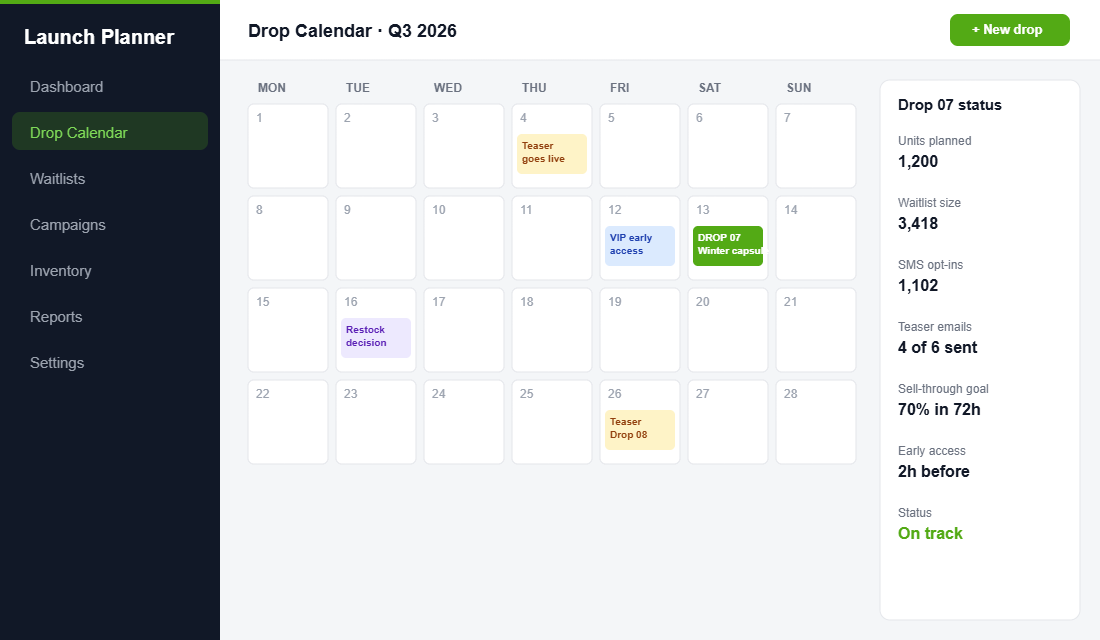 Drop calendar dashboard showing a quarterly release schedule with teaser, early access and drop day milestones