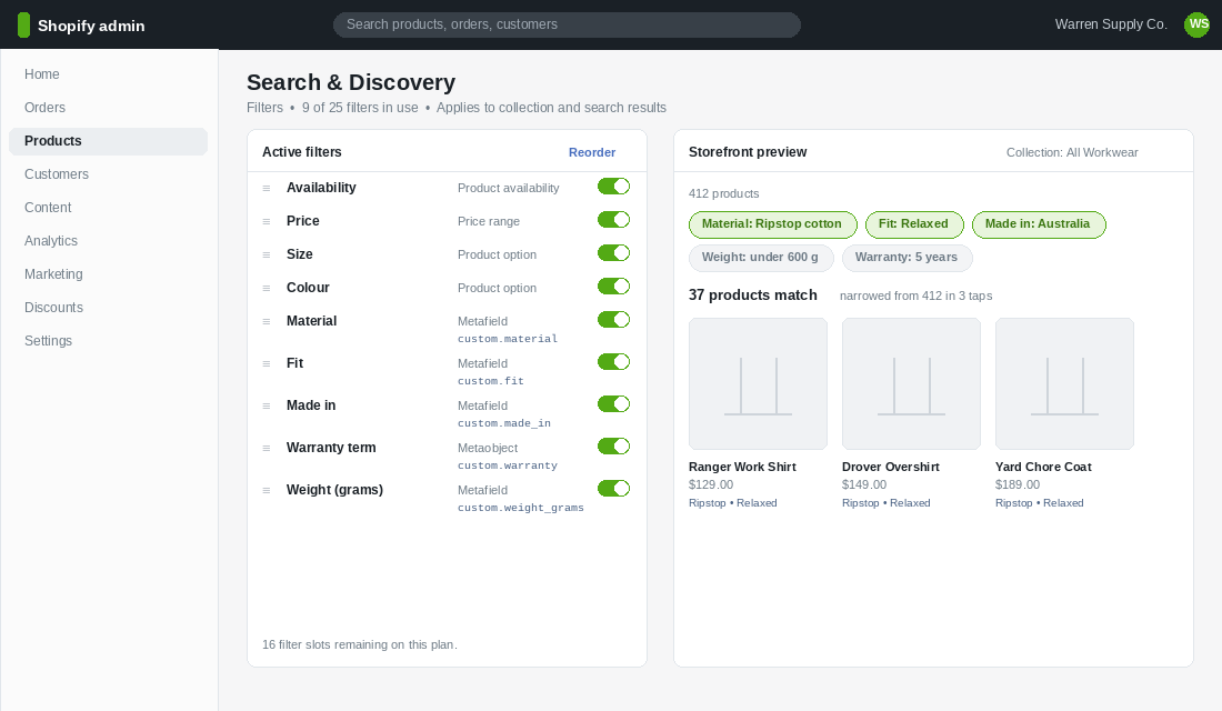 Shopify Search and Discovery app showing metafield-based collection filters and a storefront preview