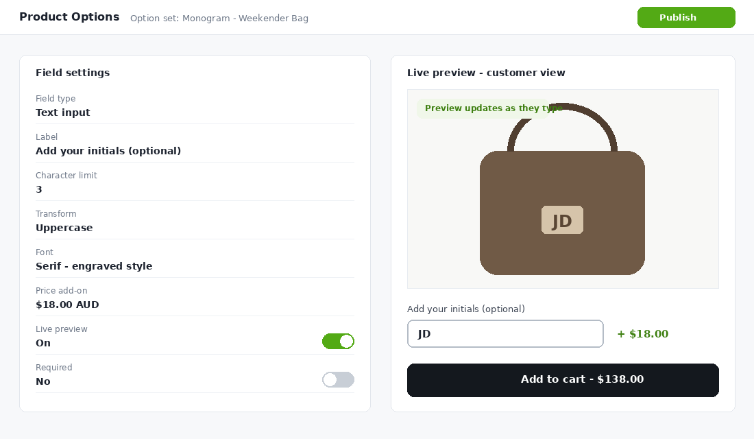 Product options configurator showing a monogram text field with a three character limit, an 18 dollar price add-on and a live preview of initials rendered on a weekender bag