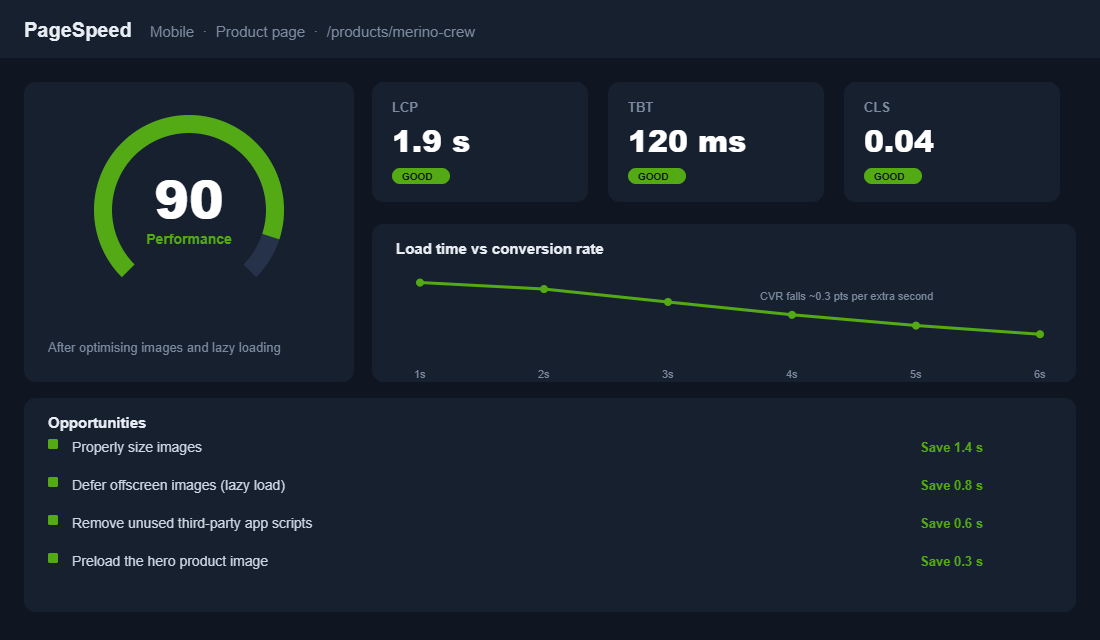 Mobile product page PageSpeed report with Core Web Vitals and load time versus conversion