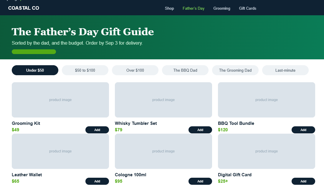 Shopify Father’s Day gift guide collection page filtered by budget and dad persona