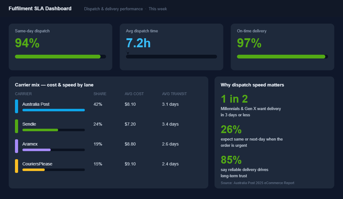 When dispatch speed, carrier mix and delivery expectations live on one screen, the promise on your product page stops being a guess.