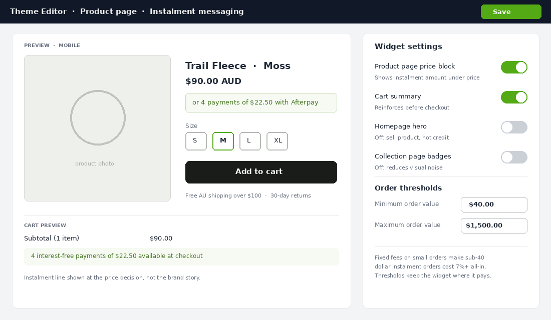 Theme editor showing instalment messaging placement on product page and cart with order value thresholds