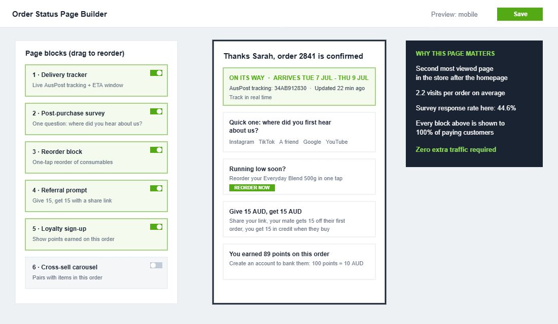 Order status page builder showing delivery tracker, survey, reorder, referral and loyalty blocks with a mobile preview