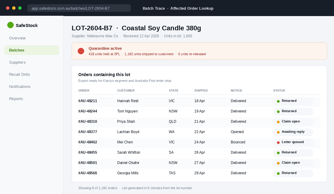 Batch trace screen showing a quarantined lot and the list of customer orders that received it
