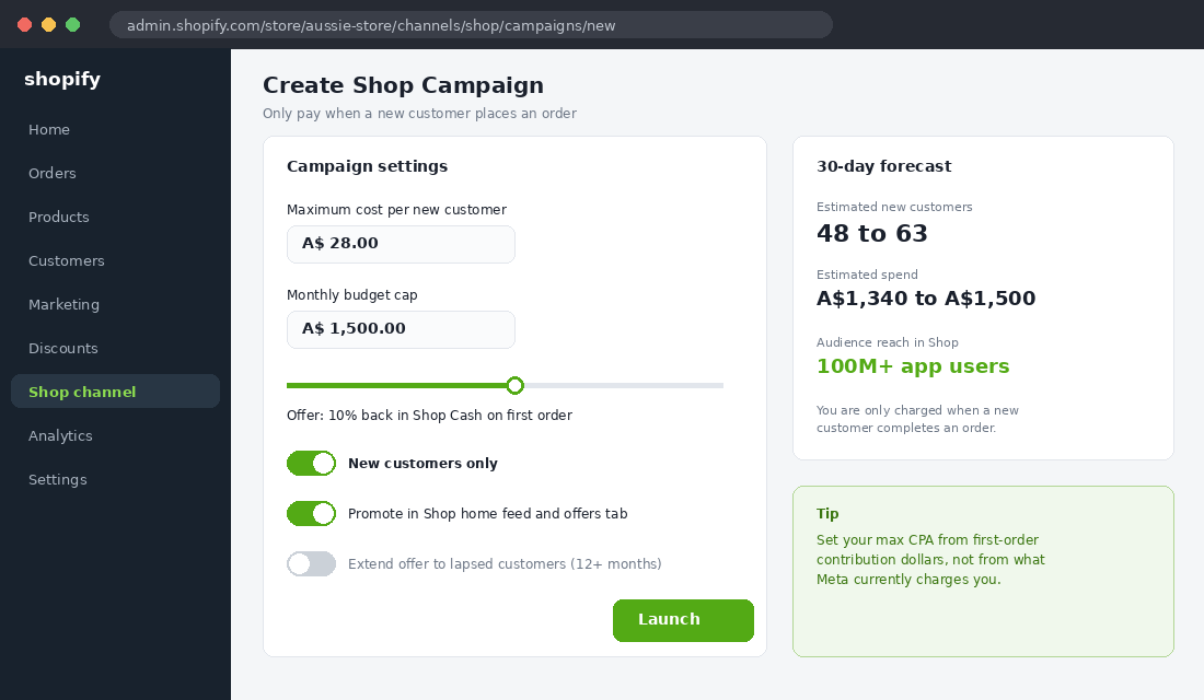 Shop Campaigns setup screen with maximum cost per new customer and 30-day forecast