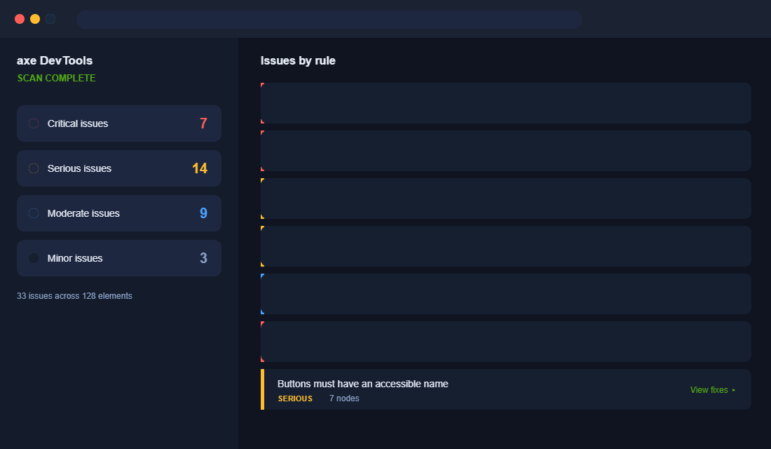 axe DevTools accessibility scan showing 33 WCAG issues on a Shopify store home page