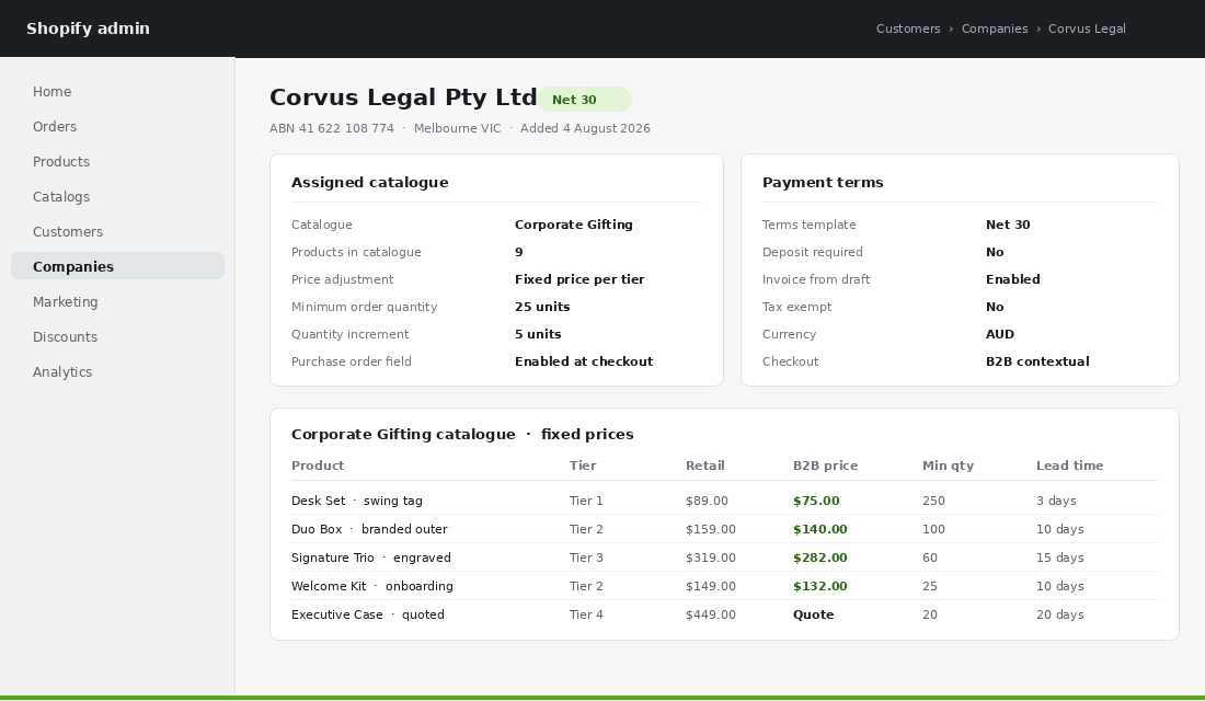 Shopify B2B company account showing a corporate gifting catalogue with net 30 terms