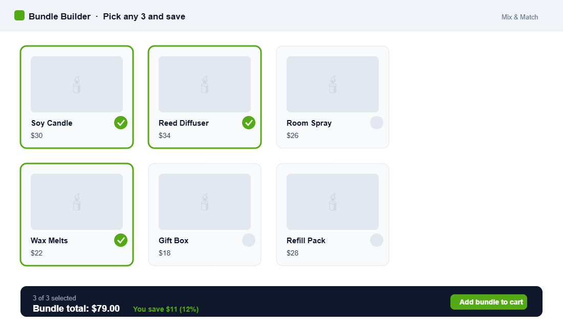 Mix and match bundle builder showing three products selected and a 12% saving