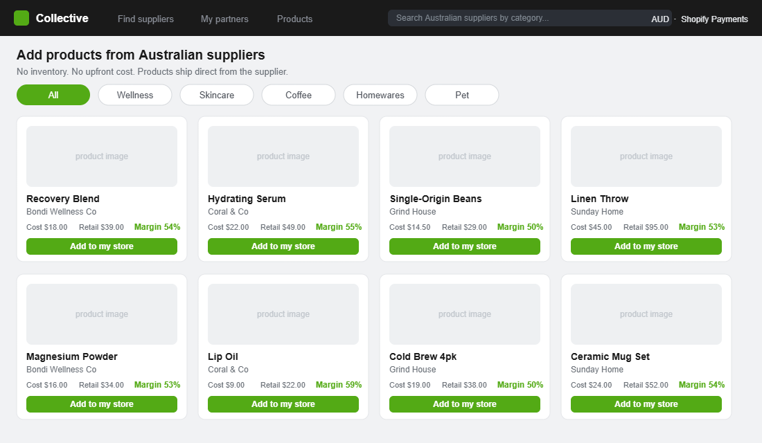 Shopify Collective retailer view showing Australian supplier products with cost, retail price and margin
