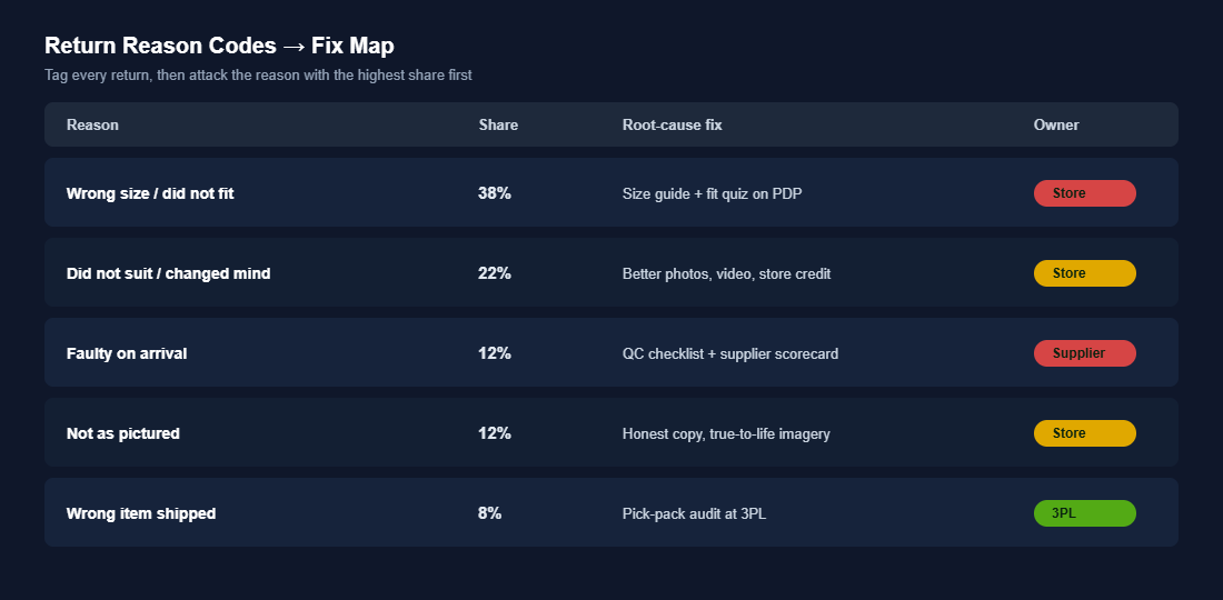 Return reason codes mapped to root-cause fixes and owners for a Shopify store
