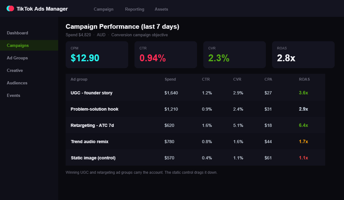 A TikTok Ads Manager view where the UGC and retargeting ad groups carry the account while a polished static control drags ROAS below break-even.