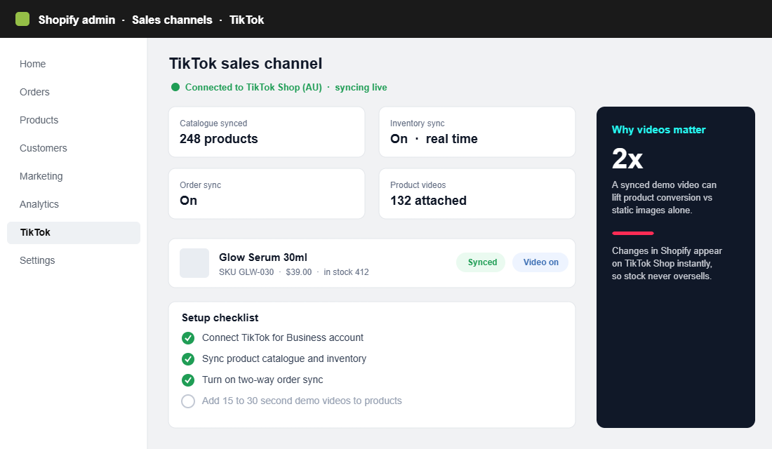 Shopify TikTok sales channel setup screen showing catalogue sync, order sync and a product setup checklist