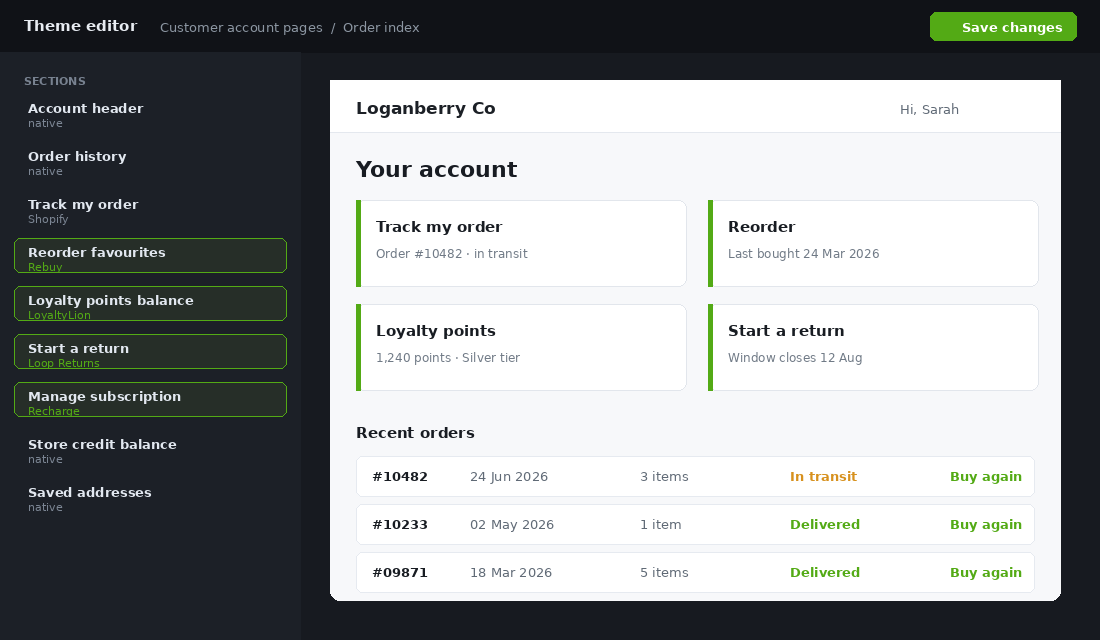 Shopify theme editor showing customer account page blocks including reorder, loyalty balance and returns extensions