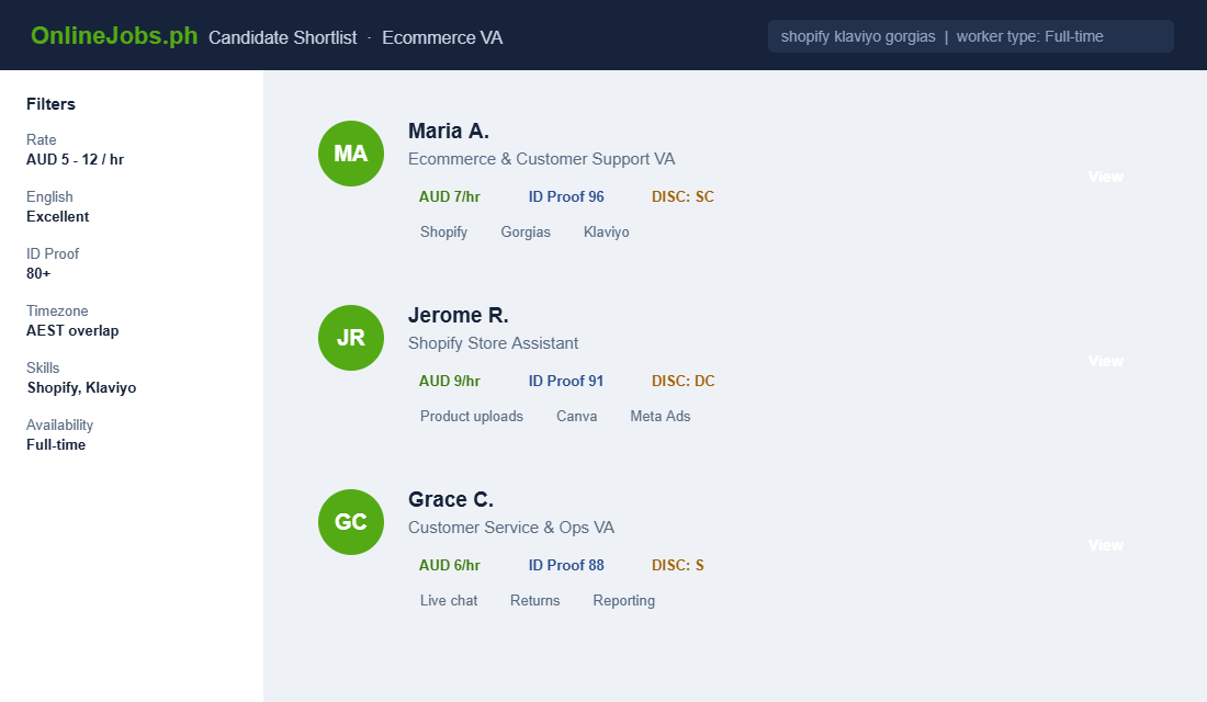 OnlineJobs.ph candidate shortlist showing Filipino ecommerce virtual assistants filtered by skills and rate