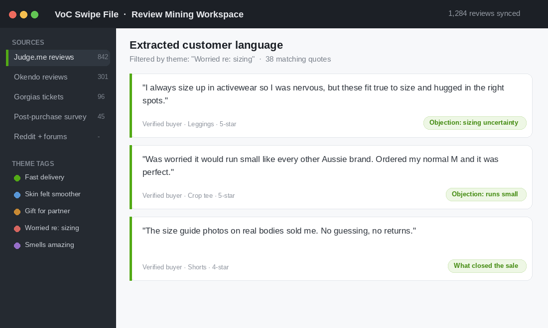Review mining workspace showing tagged verbatim customer quotes