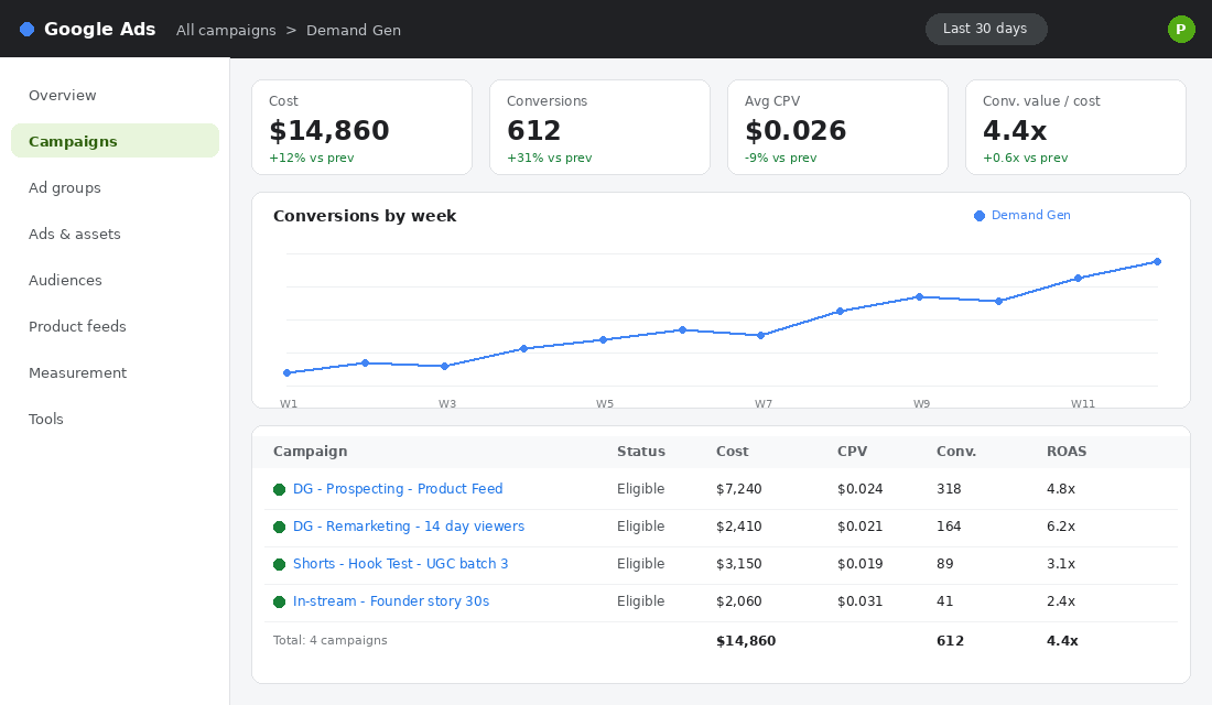 Google Ads Demand Gen campaign dashboard showing CPV, conversions and ROAS for a Shopify store