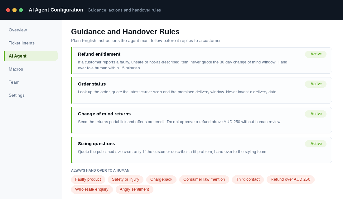 AI support agent configuration screen showing plain English guidance rules and handover topics