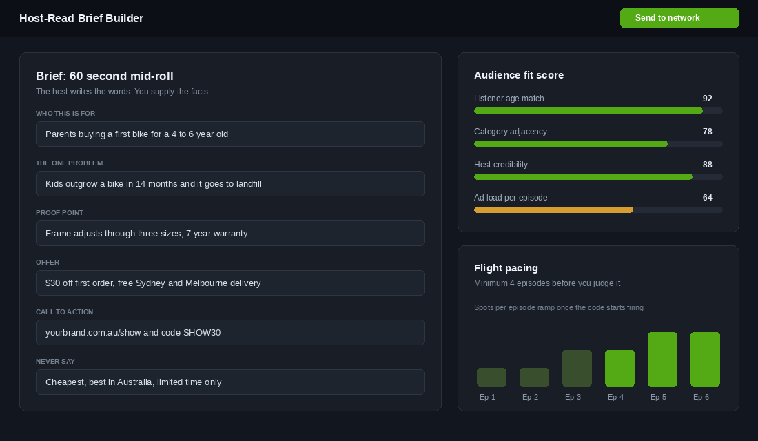 Host-read brief builder interface showing brief fields, audience fit scoring and flight pacing
