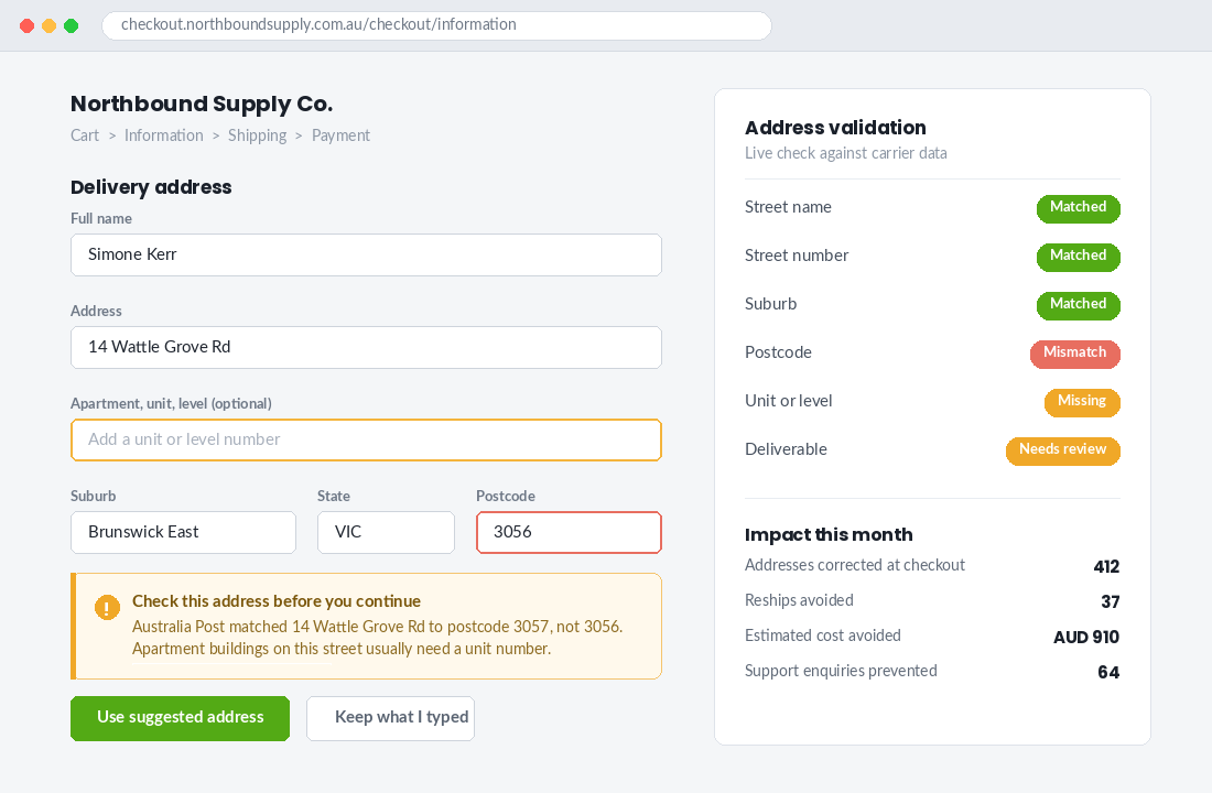 Shopify checkout showing an address validation warning for a mismatched postcode
