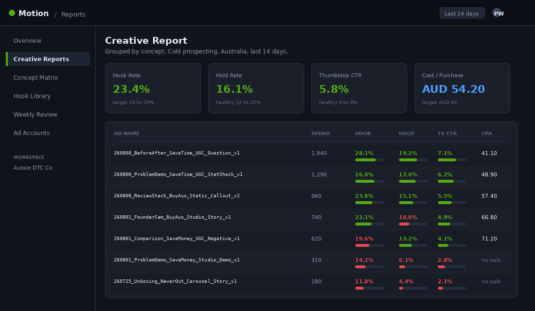 Creative performance report listing ads by naming convention with hook rate, hold rate, thumbstop click rate and cost per purchase