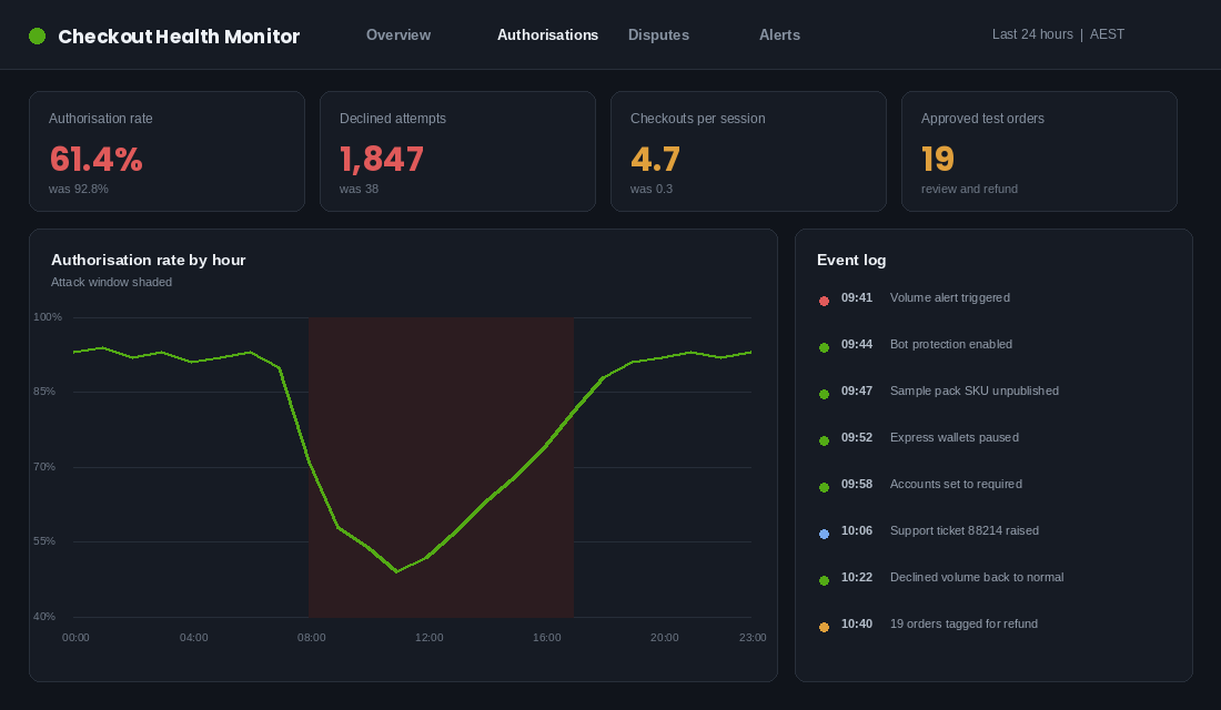 Checkout health dashboard showing authorisation rate falling from 92.8 percent to 61.4 percent during an attack window