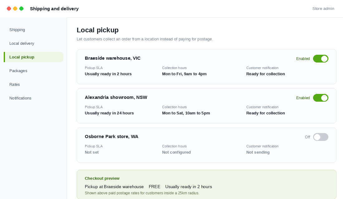 Shopify local pickup settings with two enabled collection locations