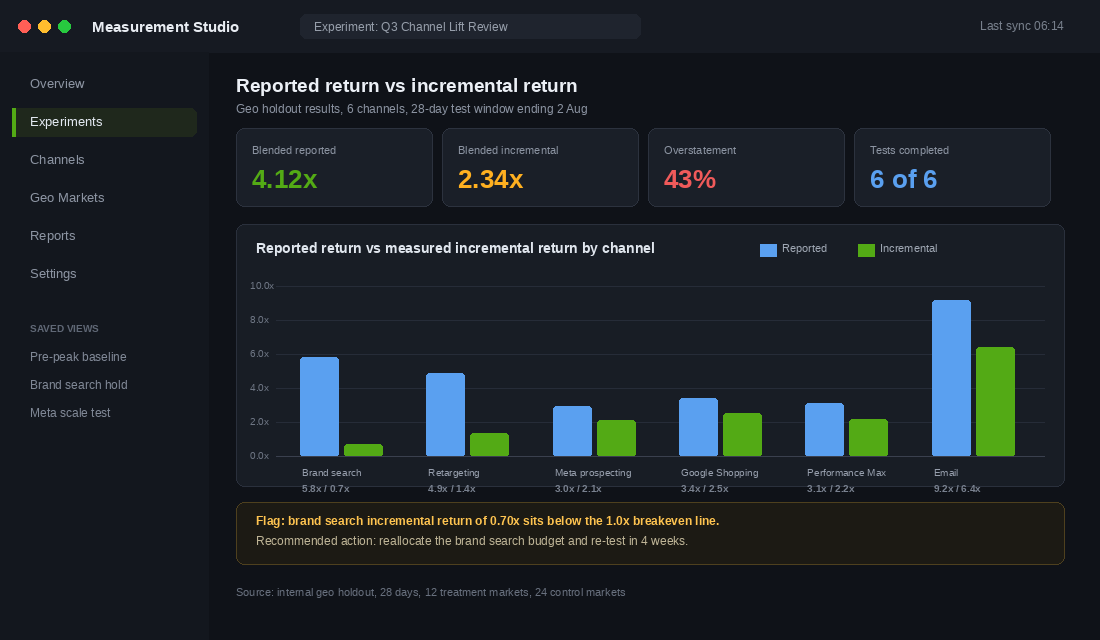 Measurement dashboard comparing platform reported return with measured incremental return by channel