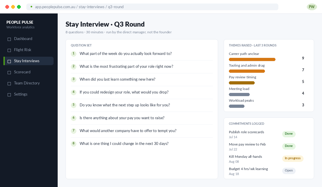 Stay interview question set with themes raised across three rounds and commitments logged with due dates