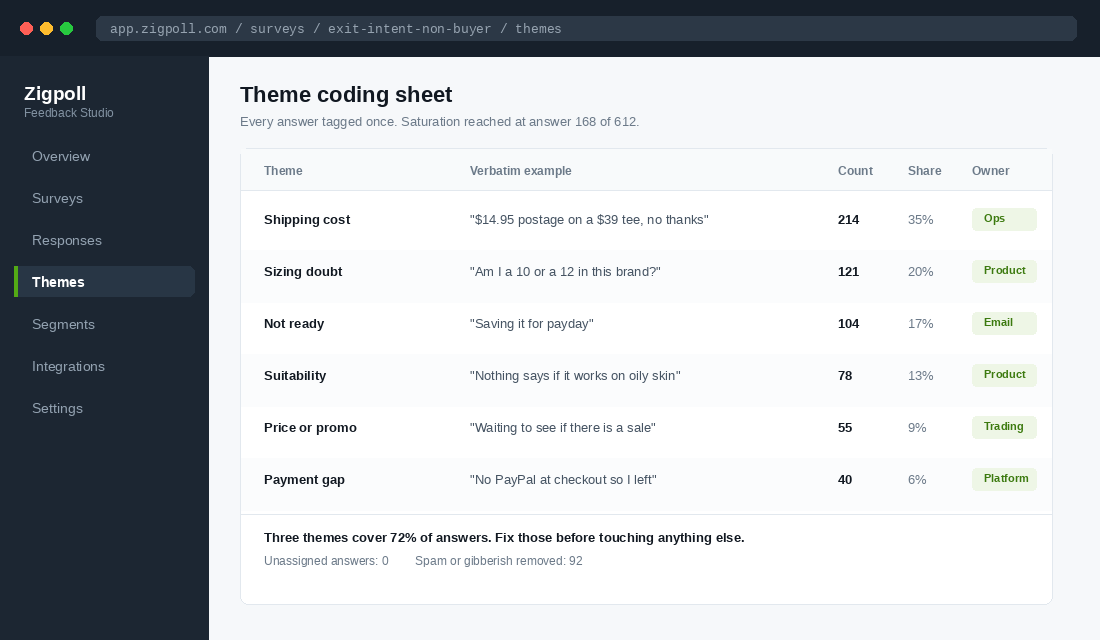 Theme coding sheet grouping free text survey answers into six objection themes