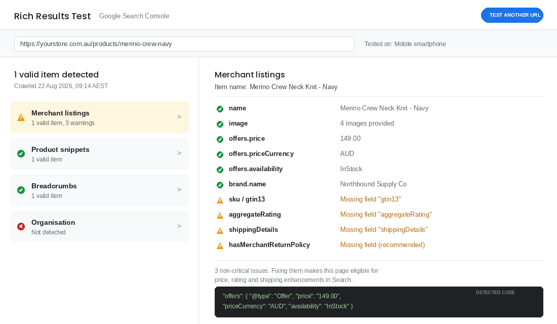 Google Rich Results Test showing a Shopify product page with missing schema fields