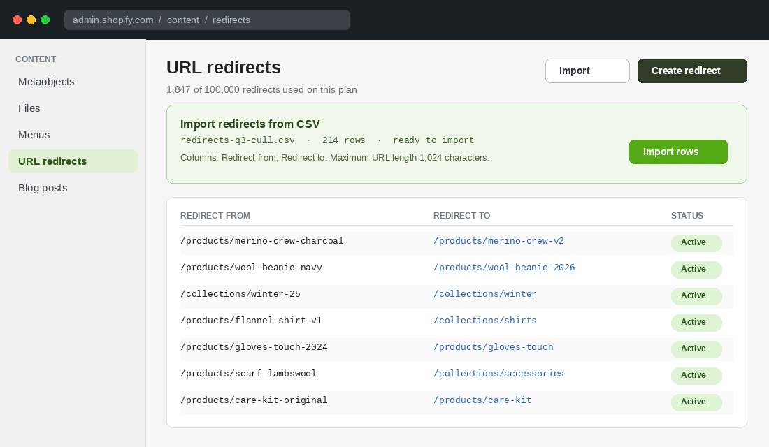 Shopify admin URL redirects screen with a CSV import of retired product URLs