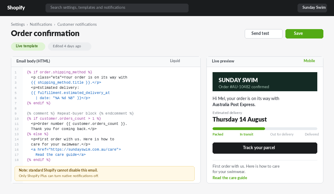 Shopify admin notification template editor showing Liquid conditional logic for repeat buyers alongside a live mobile email preview