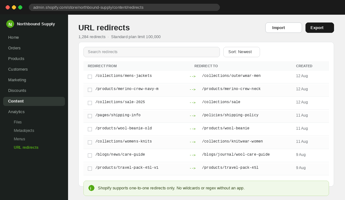 Shopify admin URL redirects list showing old collection and product URLs mapped to new live URLs