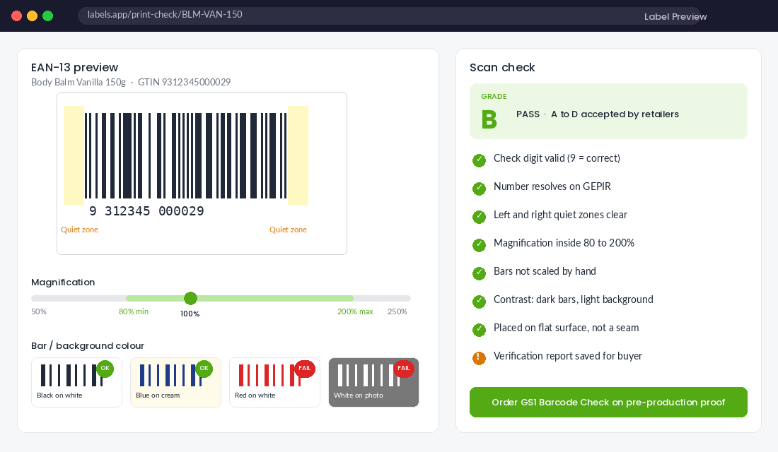 EAN-13 label preview with quiet zones, magnification range and a GS1 barcode check grade B pass with scan checklist