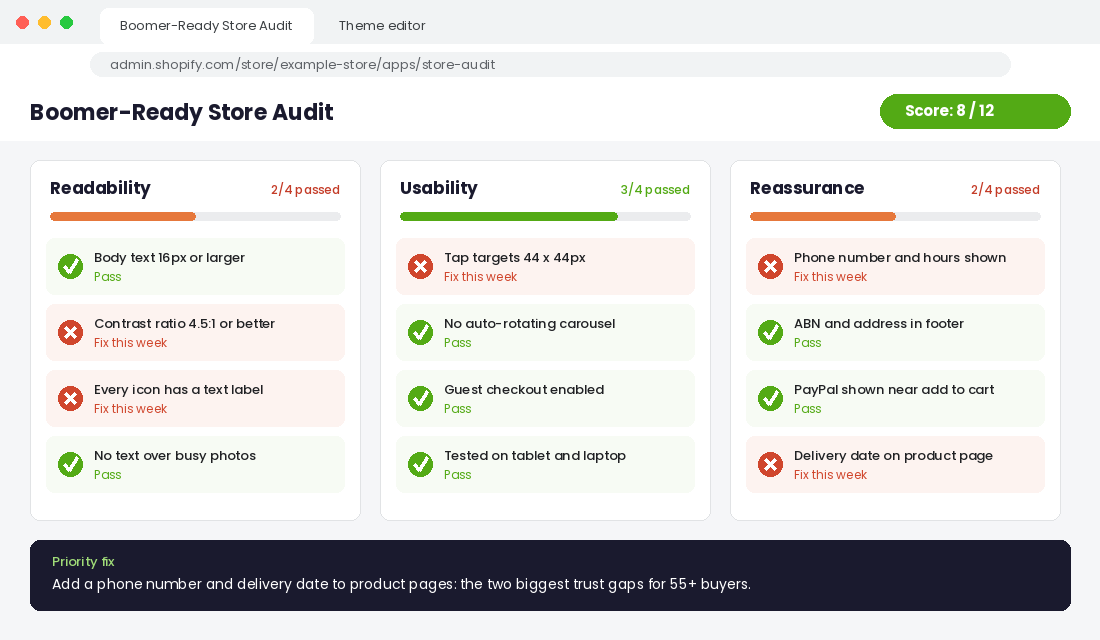 Boomer-ready store audit showing readability, usability and reassurance checks with pass and fix results