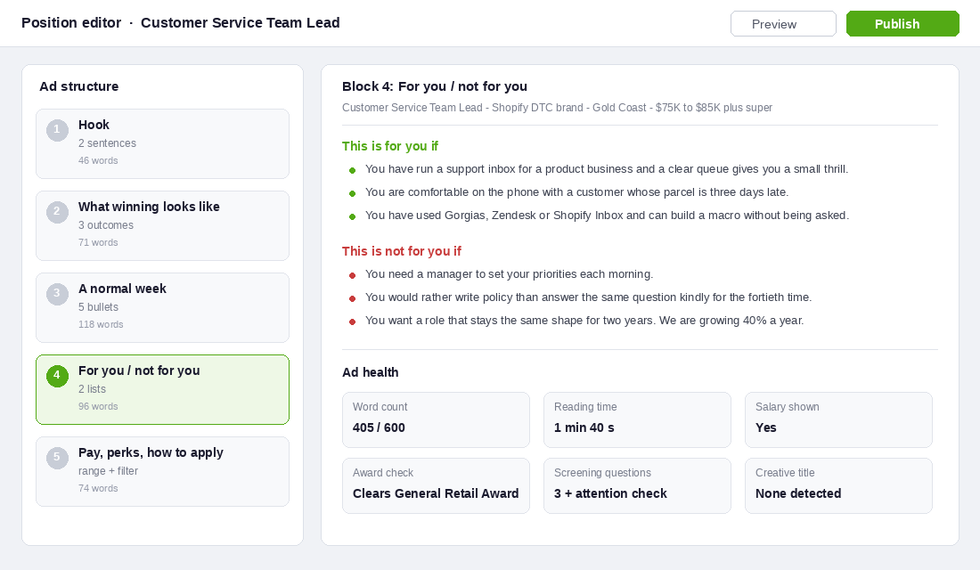 Position editor showing the five-block job ad structure with the for-you and not-for-you block open and an ad health panel