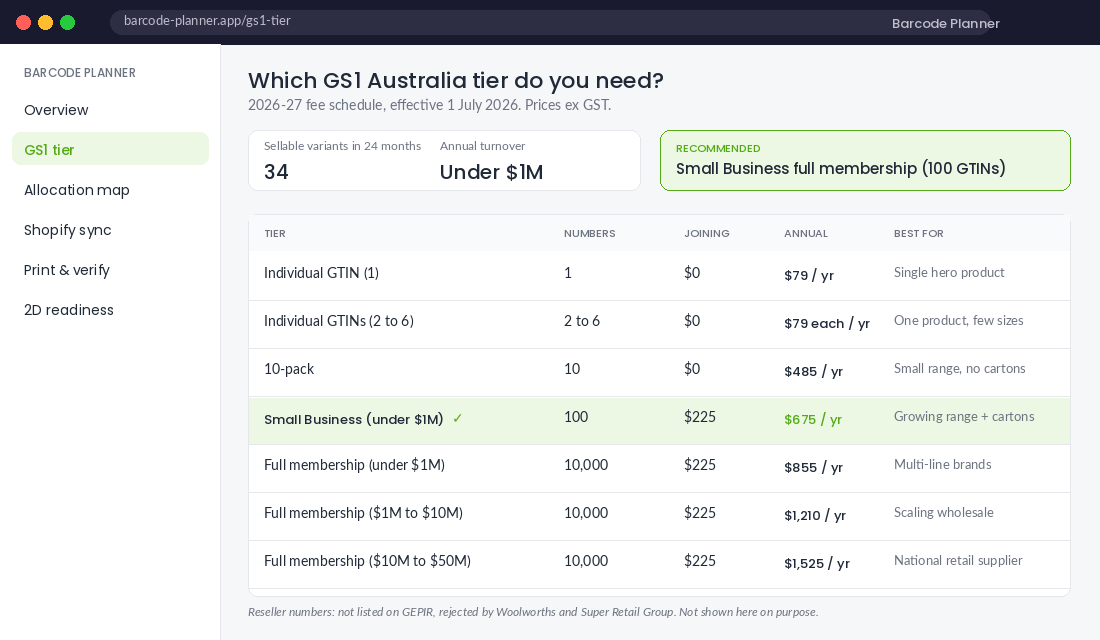 GS1 Australia 2026-27 membership tier selector showing individual GTIN, 10-pack and full membership fees against a 24-month variant count