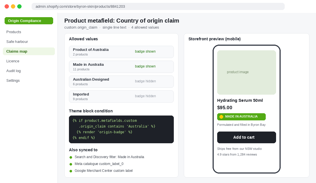 Shopify product metafield for country of origin claim with storefront badge preview